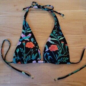 Kate Spade Black Floral Hummingbird Chic Feminine Trendy Bikini Top Size Medium